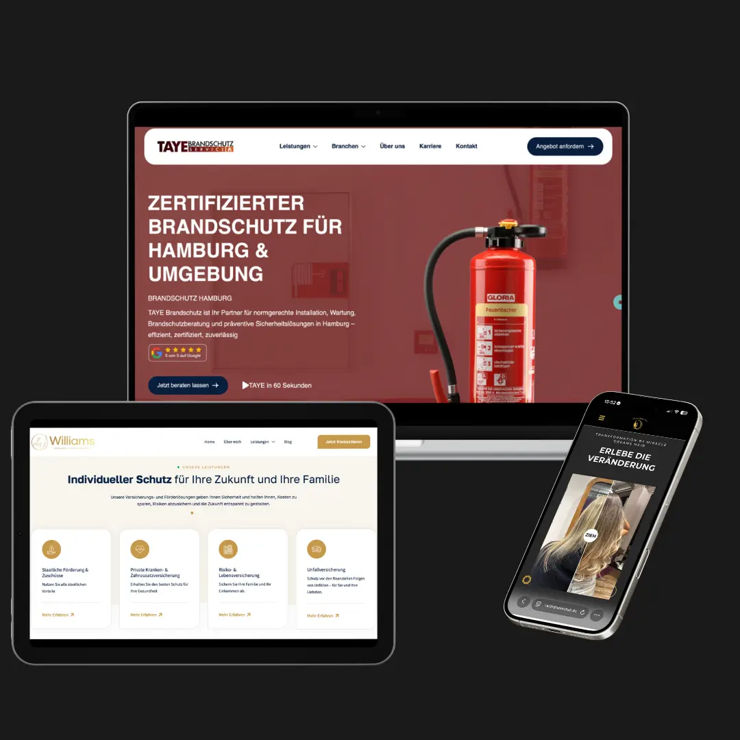Mehrere Webseiten und Social-Media-Auftritte als Device-Mockup für Anfragen und digitale Präsenz